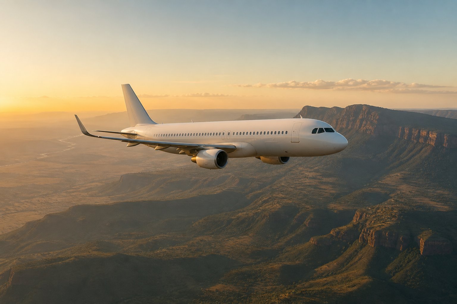 Passenger aircraft flying above an African landscape